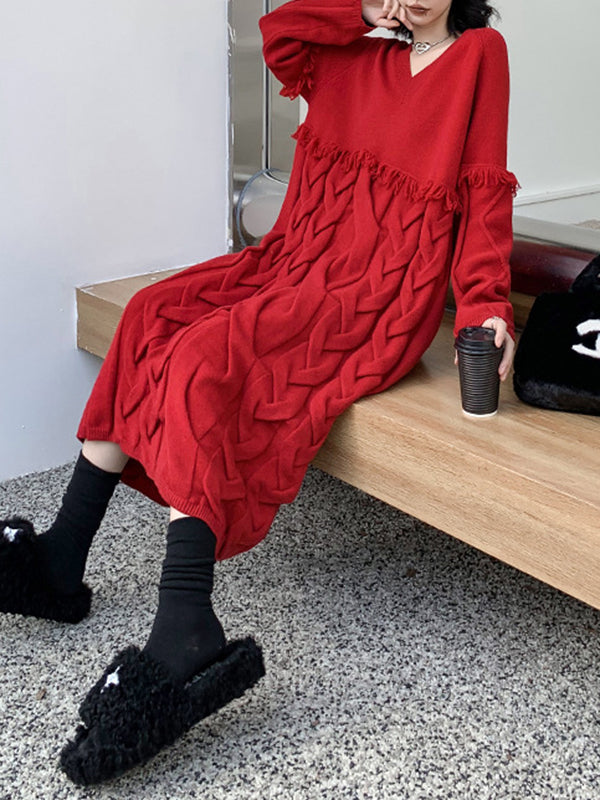 Solid Color Split-Joint Tasseled Long Sleeves Loose V-neck Sweater Dresses Midi Dresses