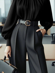 Pleated Solid Color Split-Joint Puff Sleeves High Neck Blouses&Shirts Tops