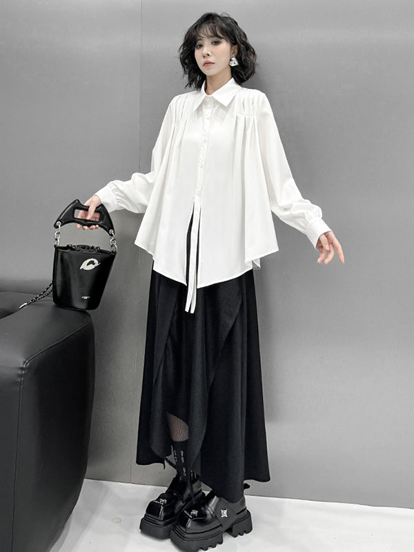 Buttoned Solid Color Split-Joint Streamer Irregularity Long Sleeves Lapel Collar Blouses&Shirts Tops