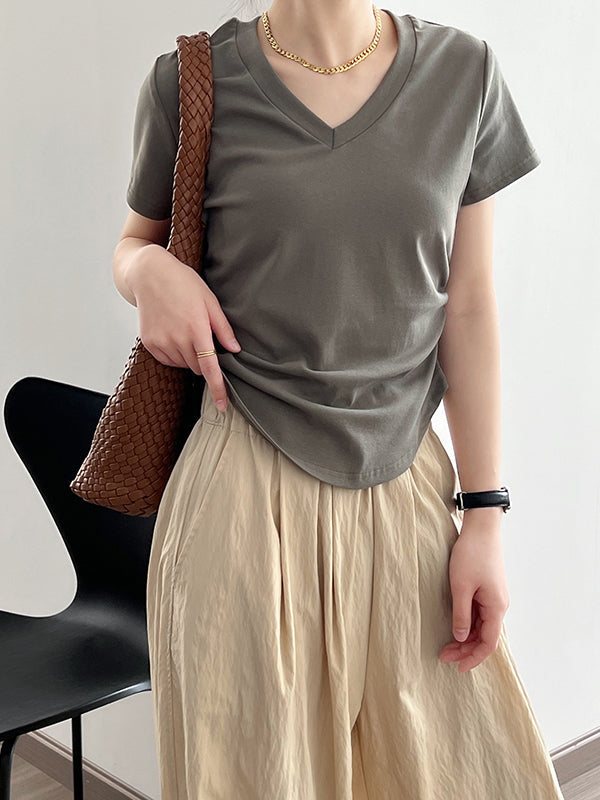 Solid Color Irregular clipping Short Sleeves V-neck T-Shirts Tops