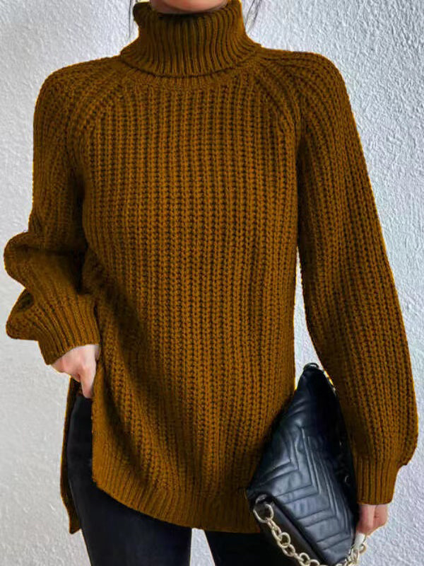 Solid Color Split-side Long Sleeves Loose High Neck Sweater Tops Pullovers