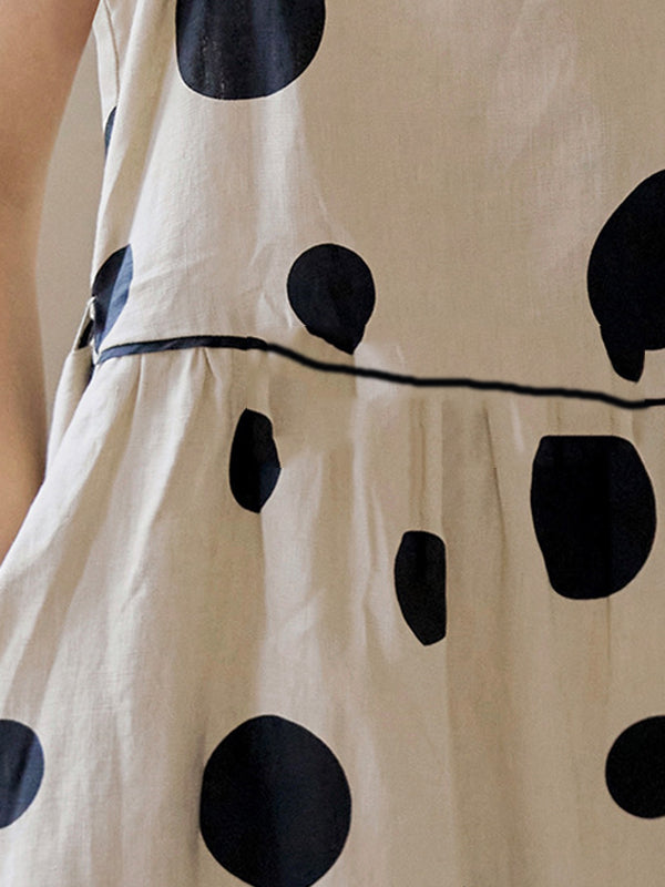 Contrast Color Pleated Polka-Dot Split-Joint Tied Waist Loose Sleeveless Round-Neck Midi Dresses