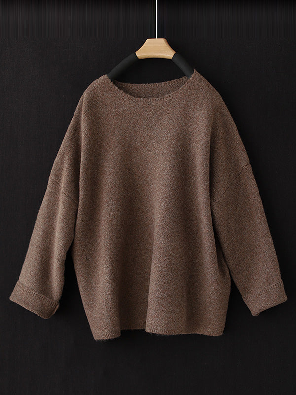 Simple Long Sleeves Loose Solid Color Round-Neck Sweater Tops