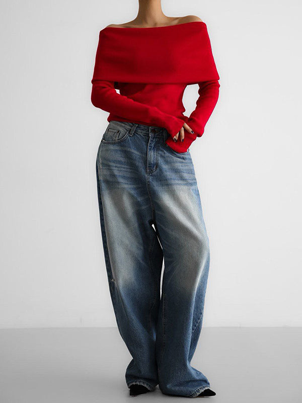 Solid Color Long Sleeves Loose Off-The-Shoulder Sweater Tops Pullovers