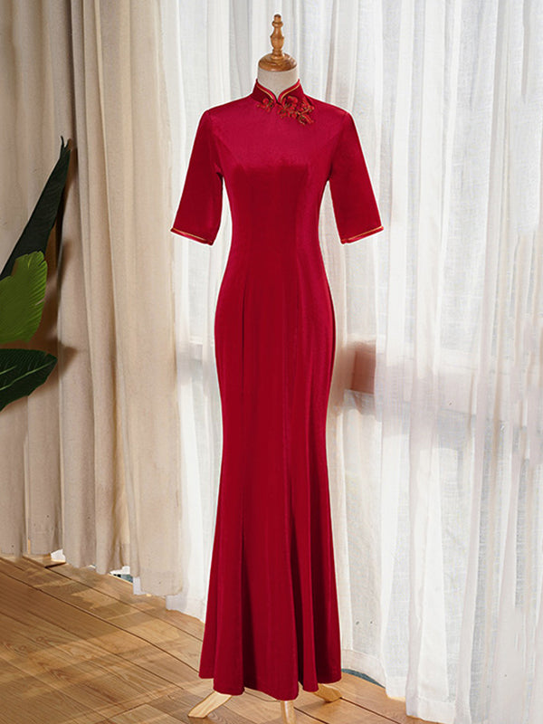 Original Applique Pleuche Stand Collar Half Sleeves Long Cheongsams