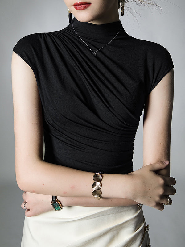 Pleated Solid Color Skinny Mock Neck T-Shirts Tops