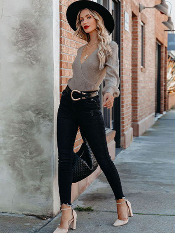 Casual Long Sleeves Solid Color V-Neck Sweater Tops