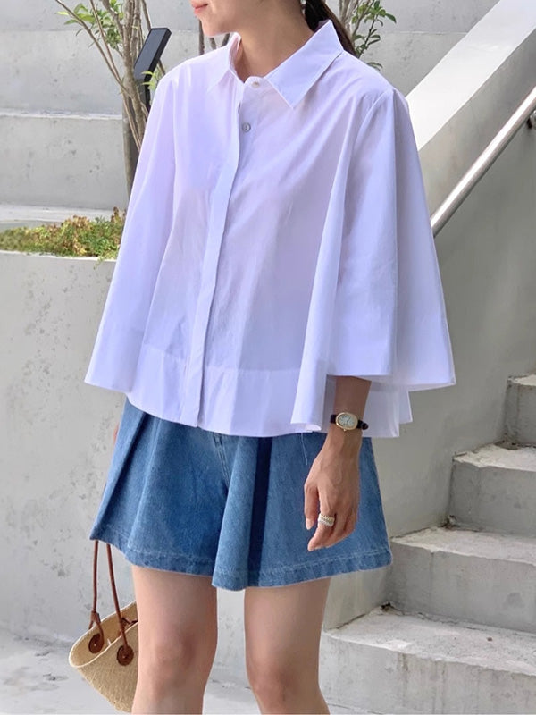Buttoned Pleated Solid Color A-Line Flared Sleeves Lapel Blouses&Shirts Tops