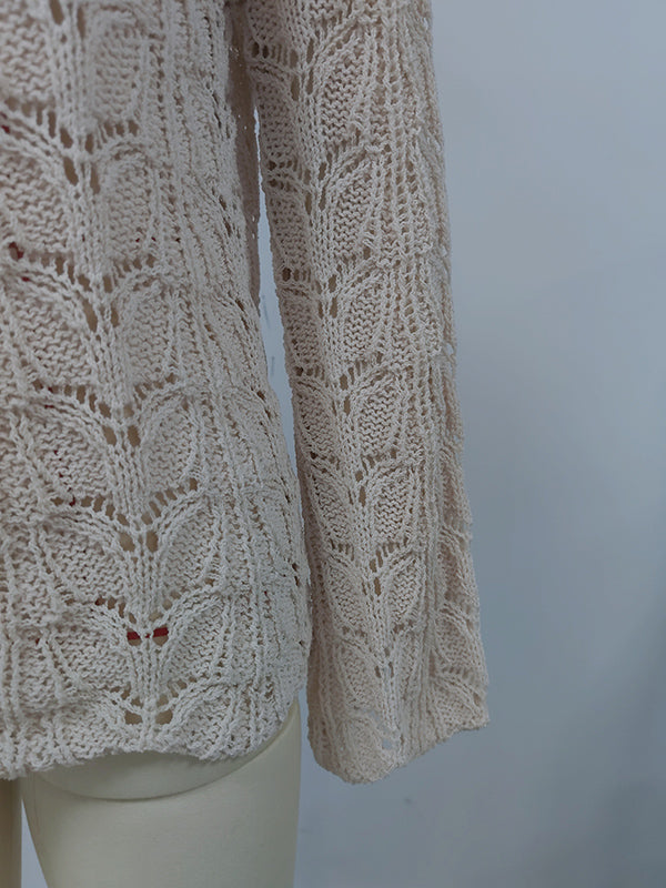 Original Creation Long Sleeves Loose Hollow Solid Color Round-Neck Sweater Tops