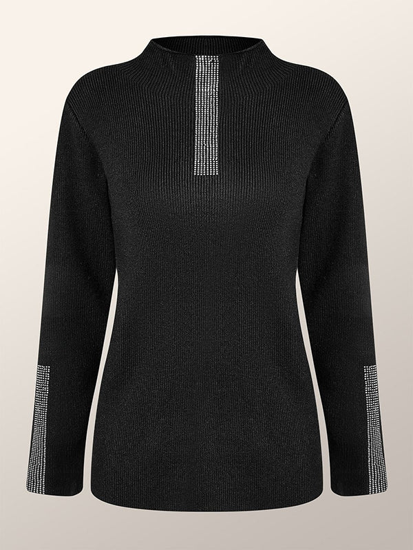 Long Sleeves Skinny Rhine Stones High Neck Pullovers Sweater Sweater Tops