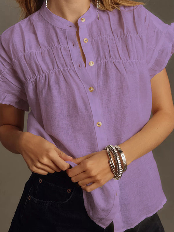 Pleated Ruffled See-Through Split-Joint Loose Short Sleeves Round-neck Blouses&shirts Tops
