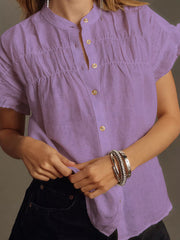 Pleated Ruffled See-Through Split-Joint Loose Short Sleeves Round-neck Blouses&shirts Tops
