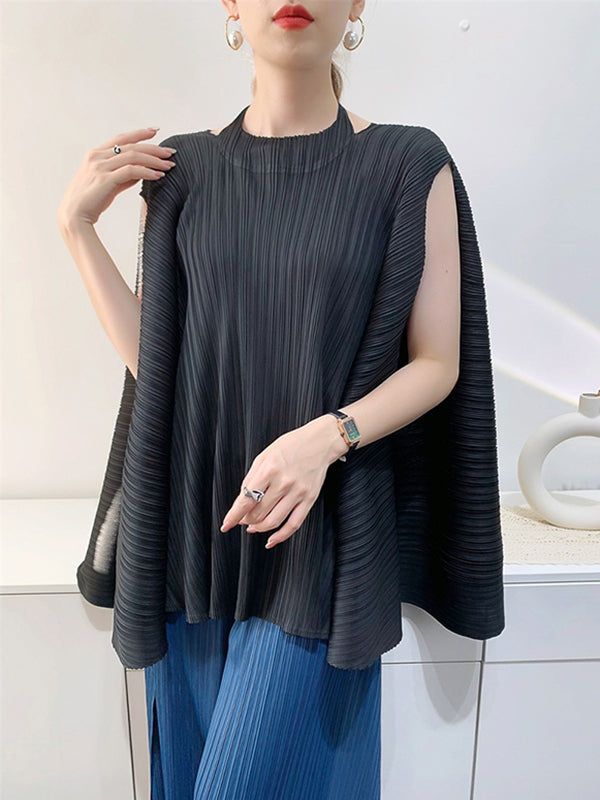 Pleated Solid Color Loose Sleeveless Halter-Neck T-Shirts Tops