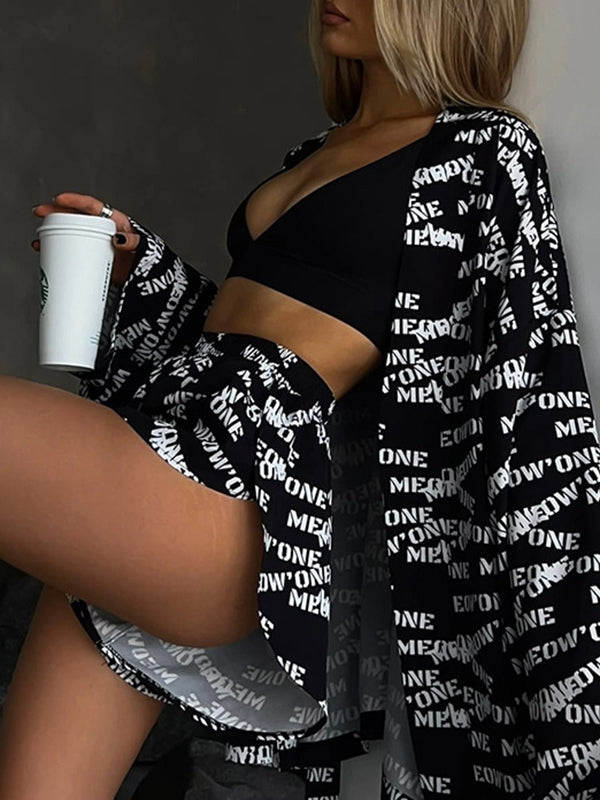 Loose  Printed  Long Sleeves Tied Waist Robes + High-Waisted Short Bottom Robes Pajama Sets