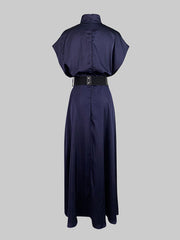 Loose Raglan Sleeve Solid Color Split-Joint Tied Waist High Neck Maxi Dresses