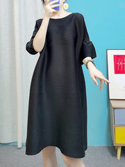 A-line Flared Sleeves Pleated Solid Color Round-neck Maxi Dresses Midi Dresses