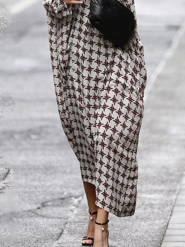 Printed Long Sleeves Loose Boat Neck Maxi Dresses