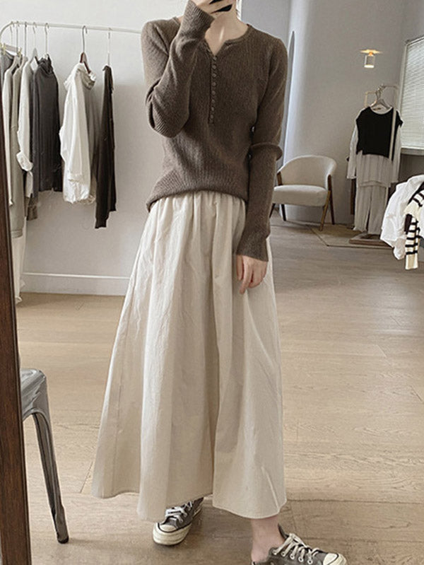 Buttoned Solid Color Long Sleeves Round-Neck Sweater Tops Pullovers