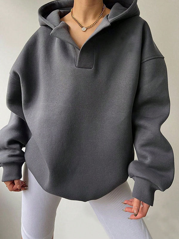 Solid Color Split-Joint Loose Puff Sleeves Hooded Hoodies Tops