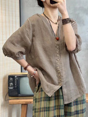 Solid Color Half Sleeves Loose V-neck Blouses&shirts Tops