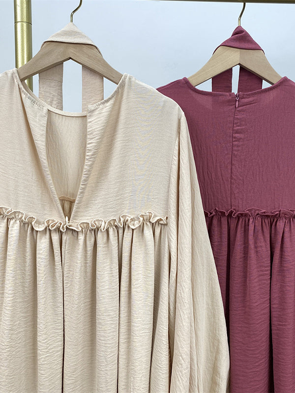 Elasticity Muslim Pleated Solid Color Split-Joint Tied Waist Bishop Sleeve Long Sleeves Round-Neck Maxi Dresses