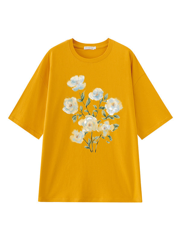 Casual Loose Round-Neck Floral Printed T-Shirt
