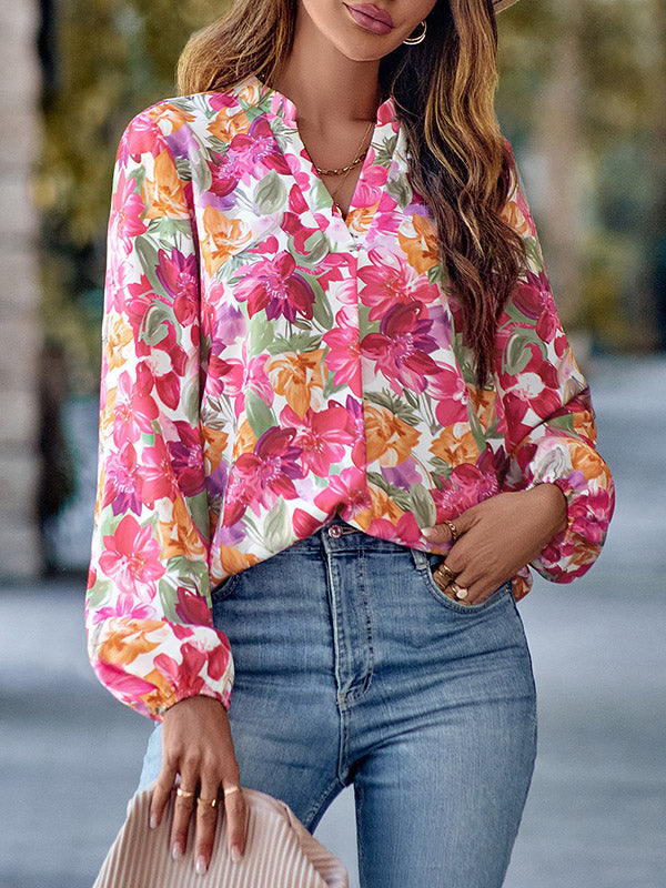 Elasticity Flower Print Long Sleeves Loose V-Neck Blouses&Shirts Tops