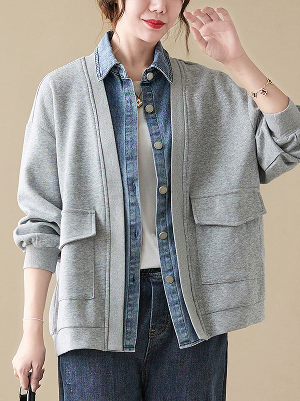 Casual False Two Loose Buttoned Contrast Color Split-Joint Lapel Collar Outerwear