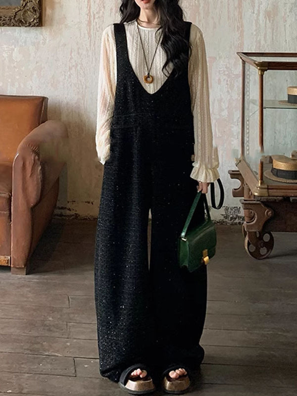 Pockets Solid Color Loose Sleeveless Collarless Overalls