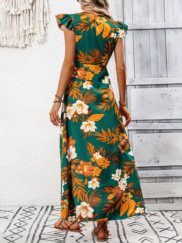 Flower Print Split-Joint High-Low Loose V-Neck Maxi Dresses