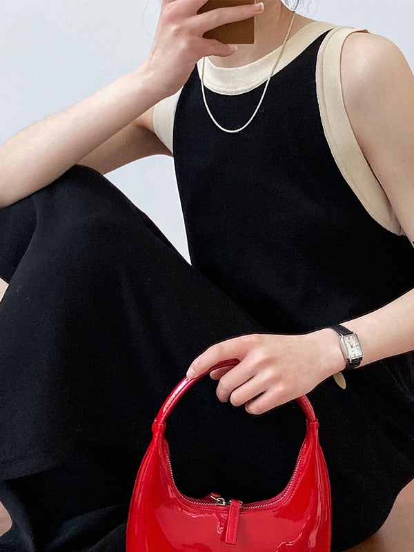 Contrast Color Loose Sleeveless Round-Neck Midi Dresses