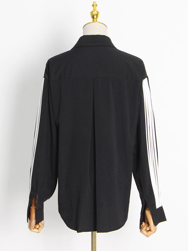 Buttoned Contrast Color Long Sleeves Loose Lapel Blouses&Shirts Tops