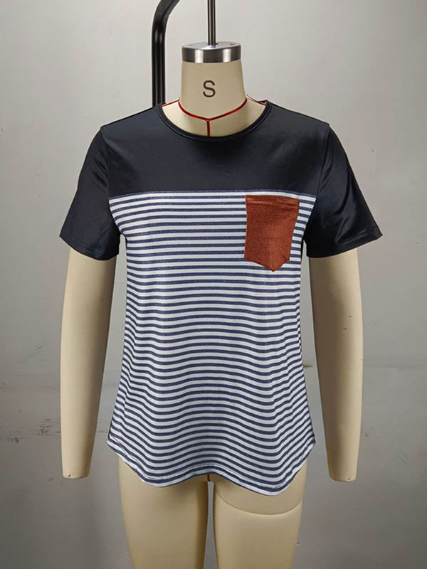 Split-Joint Striped Loose Short Sleeves Round-Neck T-Shirts Tops