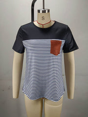 Split-Joint Striped Loose Short Sleeves Round-Neck T-Shirts Tops