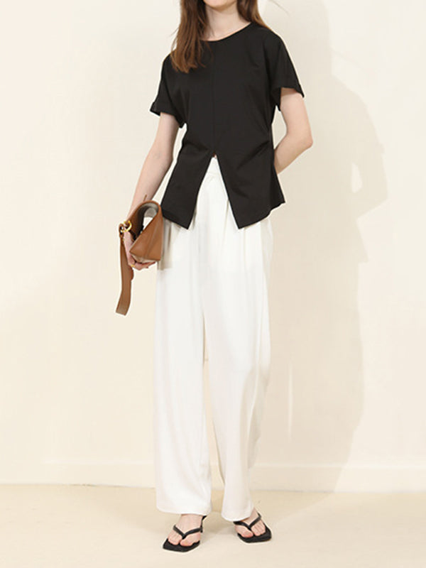 Pleated Solid Color Split-Front Split-Joint Batwing Sleeves Loose Round-Neck T-Shirts