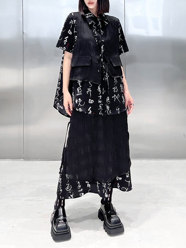 Elasticity Lace-Up Printed Split-Joint Streamer Tiered High Waisted Loose Lapel Skirts Bottoms