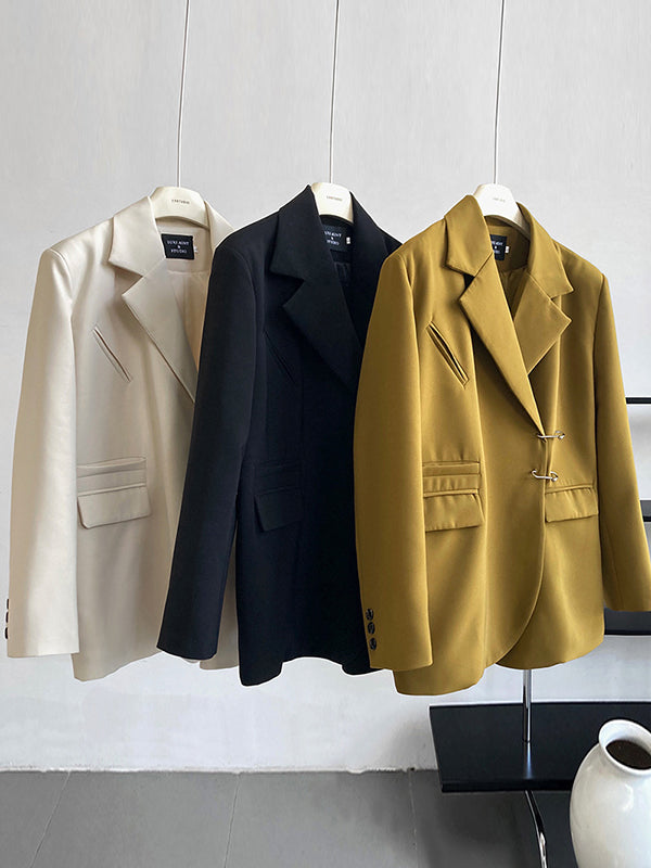 Urban Long Sleeves Loose Solid Color Pin Lapel Collar Suit Outerwear