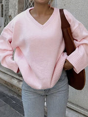 Ribs Solid Color Long Sleeves Loose V-Neck Sweater Tops