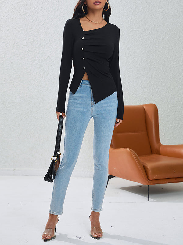 Asymmetric Buttoned Pleated Long Sleeves Skinny Asymmetric Collar T-Shirts Tops