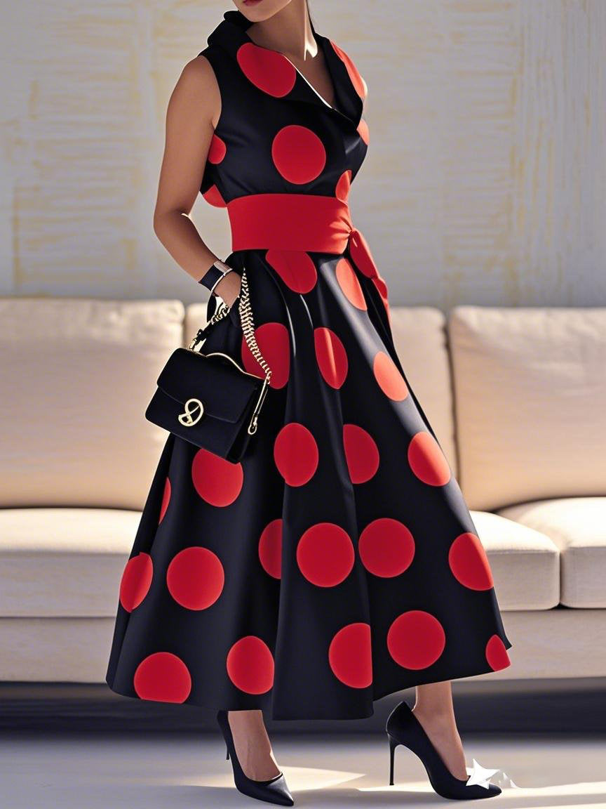 Pockets Polka-Dot Split-Joint Tied Waist A-line Loose Lapel Shirt Dress Maxi Dresses