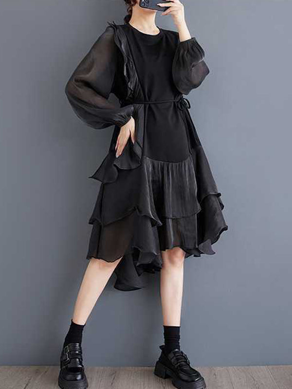 Contrast Color Ruffle Trim Split-Joint High-Low Long Sleeves Round-Neck Midi Dresses