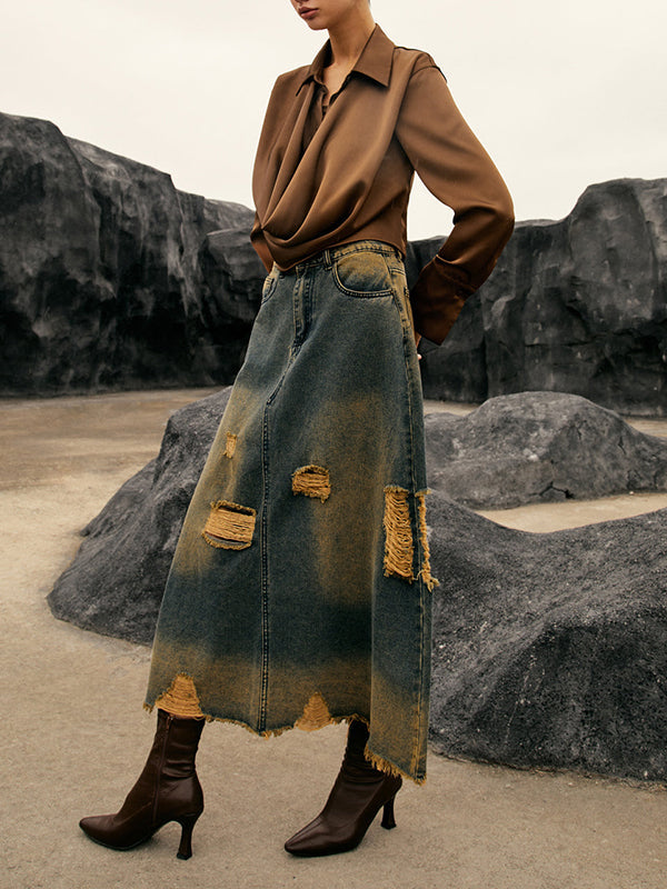 Hollow Solid Color Split-Joint Long Sleeves Loose Lapel Blouses&Shirts Tops