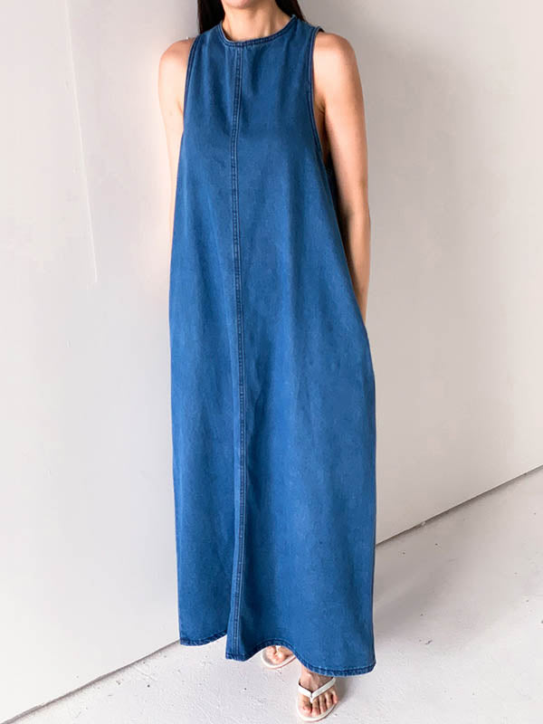 Pockets Solid Color Tied A-Line Loose Round-Neck Maxi Dresses