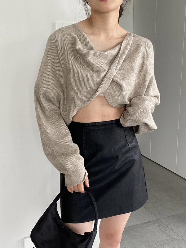 Knot Solid Color Batwing Sleeves Long Sleeves V-Neck Sweater Tops Pullovers