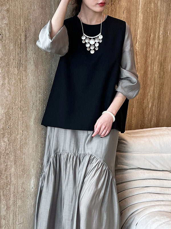 Elasticity Pleated Solid Color Split-Joint Zipper High Waisted Long Sleeves V-Neck Midi Dresses