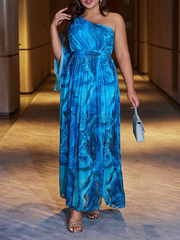 Asymmetric Pleated Printed Split-side A-line High Waisted One-shoulder Maxi Dresses