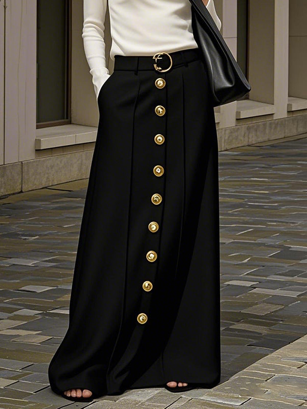 Buttoned No Belt Pockets Solid Color Loose Skirts Bottoms
