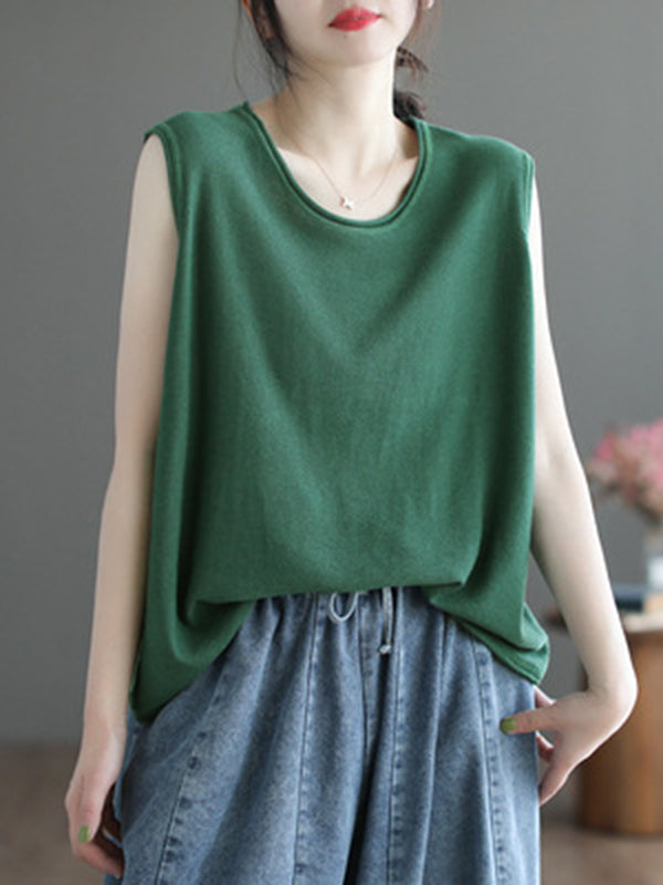 Solid Color Loose Sleeveless Round-neck Knitting Vest Top
