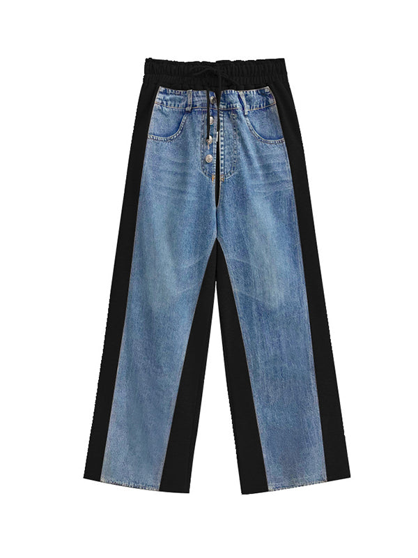 Buttoned Contrast Color Drawstring Elasticity Split-Joint Loose Straight Leg Trousers Pants