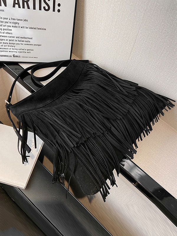 Hollow Solid Color Tasseled Zipper Handbags Crossbody Bags